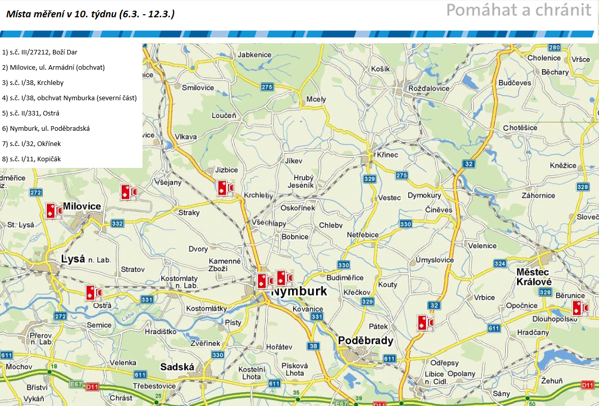 Mapa míst měření rychlosti na 10. týden